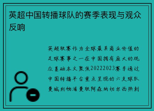 英超中国转播球队的赛季表现与观众反响
