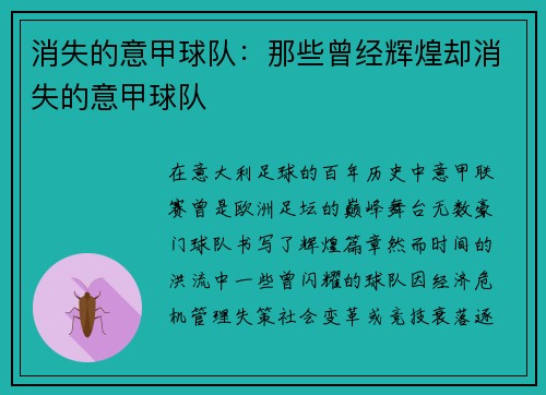 消失的意甲球队：那些曾经辉煌却消失的意甲球队